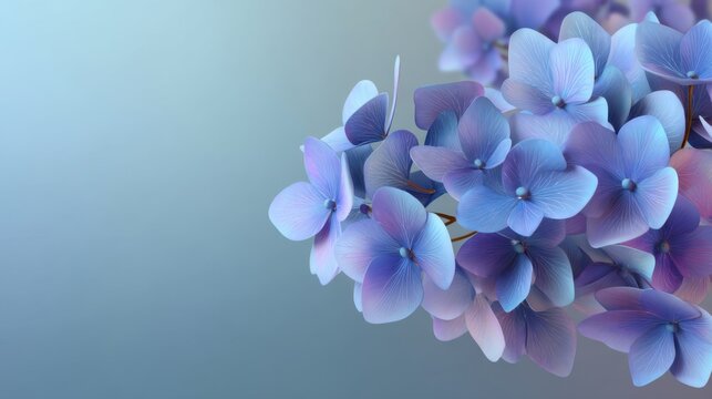 Beautiful close-up of delicate pastel colored hydrangea flowers on a soft gradient background, showcasing their intricate petals and serene beauty