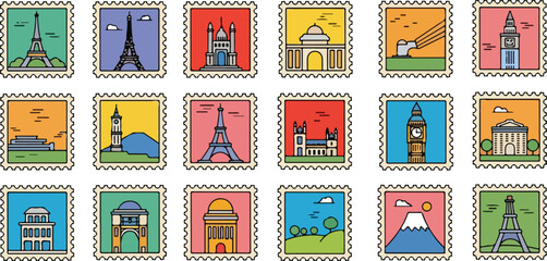 A vibrant collection of postage stamp illustrations featuring famous global landmarks and scenic landscapes in a minimalist, colorful style.