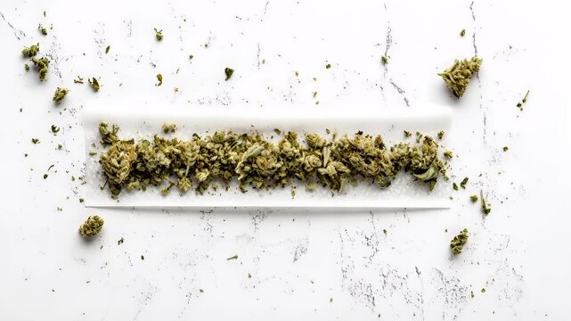 Marijuana cannabis topic concept. Aerial view of cannabis buds on a white surface with scattered cannabis leaves and buds. The buds are a vibrant green color.