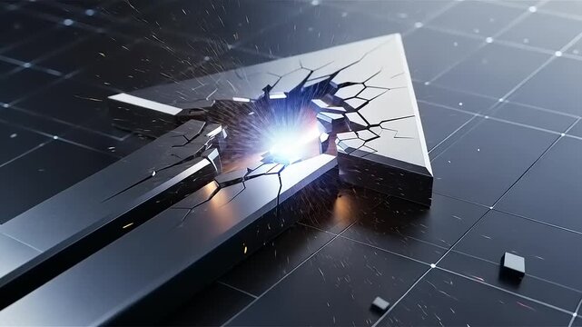 Abstract 3D render of a broken arrow with glowing light, symbolizing breakthrough and innovation in technology.