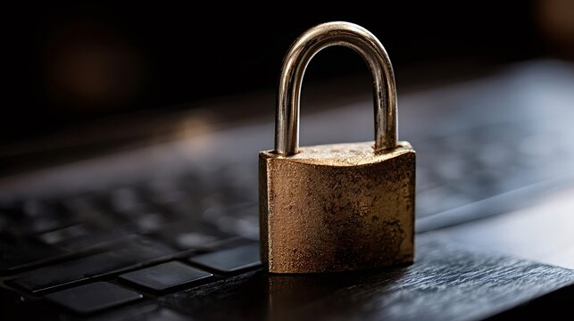 Padlock securely resting on a laptop keyboard, symbolizing strong cybersecurity measures, data protection, privacy, and online safety for digital information and personal data