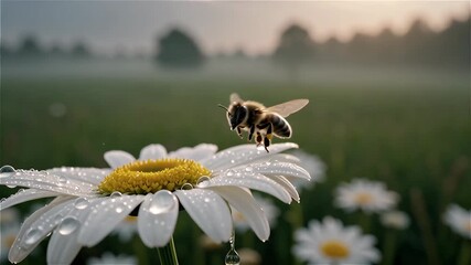 A close-up of a bee on a daisy with water droplets in a spring garden. - Powered by Adobe