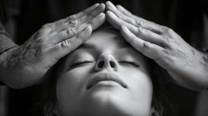 Monochrome image of a woman receiving a healing session with hands gently placed on her head, promoting relaxation and holistic wellness.