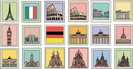 Collection of colorful postage stamps featuring famous European landmarks and national flags, representing travel and tourism.