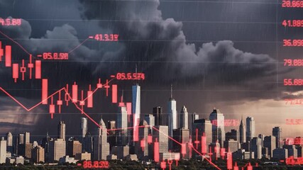Stock market decline financial crisis city skyline dark clouds economic downturn investment loss bearish trend urban landscape gloomy weather trading chart graph overlay dramatic cloudy sky financial - Powered by Adobe