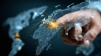 A hand touching a glowing map, symbolizing global connection and innovation. The map highlights key locations across the world