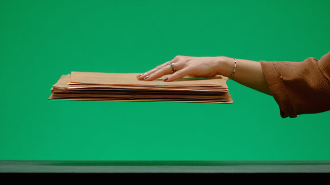 Hand delicately holds a stack of envelopes against vibrant green. The hand is adorned with rings and a bracelet, adding a touch of elegance.