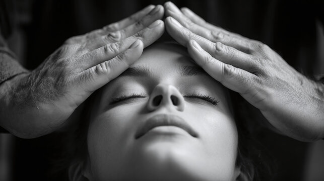 Monochrome image of a woman receiving a healing session with hands gently placed on her head, promoting relaxation and holistic wellness.