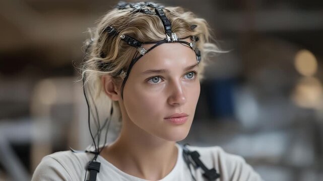 Engineer testing wearable neural sensors for mind-controlled robotics, emotion of focus visible, representing brain-computer interfaces, AI systems, and future human enhancement. cinematic color