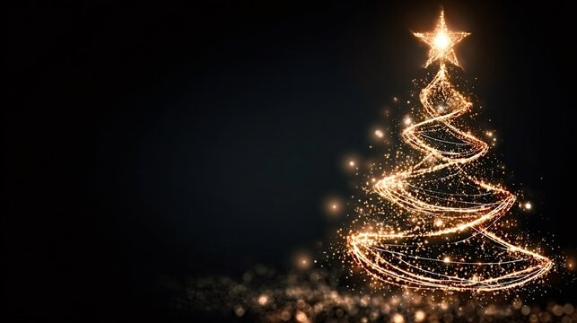 Abstract festive christmas tree glowing with warm golden lights and shimmering particles against a dark background, creating a magical, elegant holiday celebration backdrop - Powered by Adobe