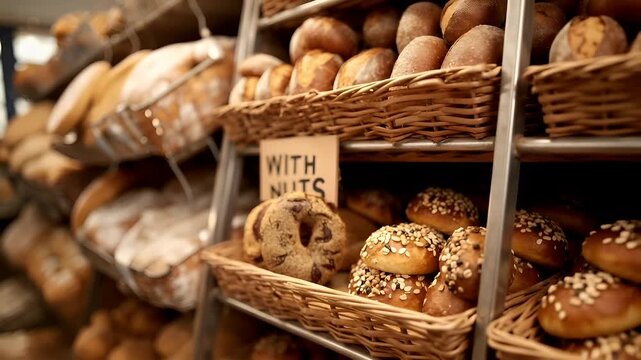 Allergy. A closeup shot of a bakerys interior, showcasing a variety of baked goods on shelves. The main subject is a basket filled with assorted breads and pastries.