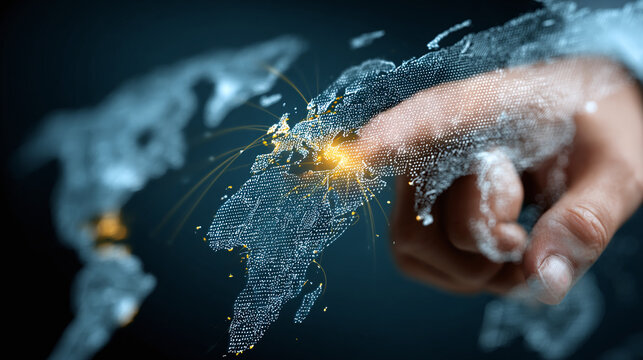 A hand touching a glowing map, symbolizing global connection and innovation. The map highlights key locations across the world