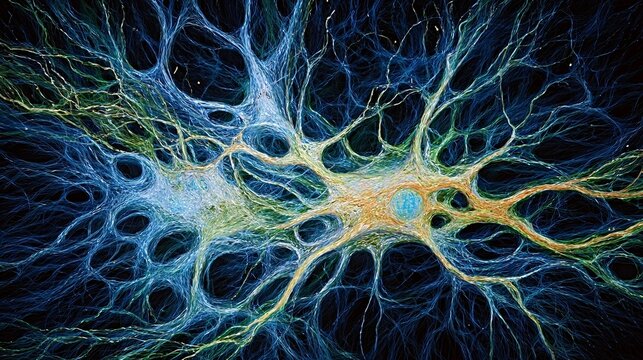 Neuron cell displaying intricate dendrites and axons, creating a complex neural network on a dark background, representing brain activity, communication, intelligence, and neurological processes