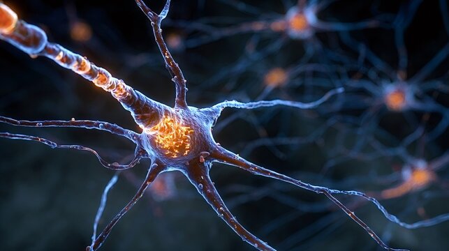 Neuron cells forming a complex network in the brain, showing active electrical impulses and signaling biochemical processes through dendrites and axons - Powered by Adobe