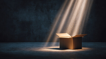 An ordinary cardboard box is illuminated by an ethereal glow, emanating warmth and magic. The beam highlights its potential for wonder.