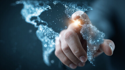 A hand touching a glowing world map, representing global connection and technology. The image showcases a connection between the hand and the digital world map.