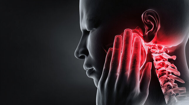 A person experiences jaw pain, likely from temporomandibular joint (TMJ) disorder or related issues, indicated by the hand on the jaw.