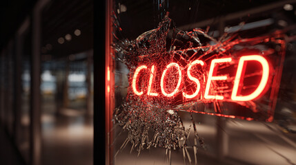 A glowing red "CLOSED" sign is seen through a shattered glass door, suggesting a business is temporarily unavailable.