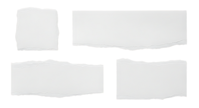 Four torn white paper pieces with rough edges isolated on transparent background