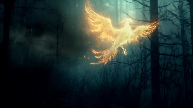 Allergy. fire phoenix bird in flight against a misty forest backdrop.