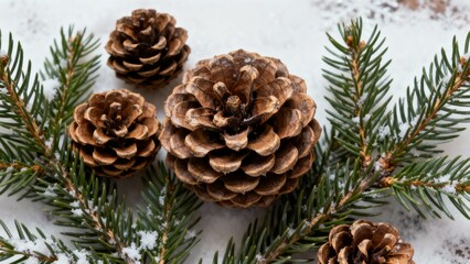 Festive holiday arrangement crafted from pine cones and evergreen branches. Overhead view. Seasonal winter theme.