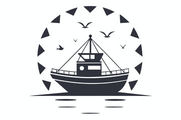 A black silhouette of a fishing boat at sea is surrounded by seagulls and triangles