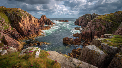Dramatic coastal scenery with rugged cliffs and crashing waves under a cloudy sky. A stunning view of nature's raw beauty and power.