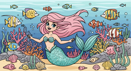 A cartoon mermaid with pink hair and a teal tail swims happily among colorful fish, vibrant coral, and seashells on the ocean floor.