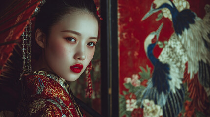 Fototapeta premium An alluring portrait of a woman with porcelain skin, accentuated by a bold red lip, framed by the vibrant hues of traditional Japanese art.