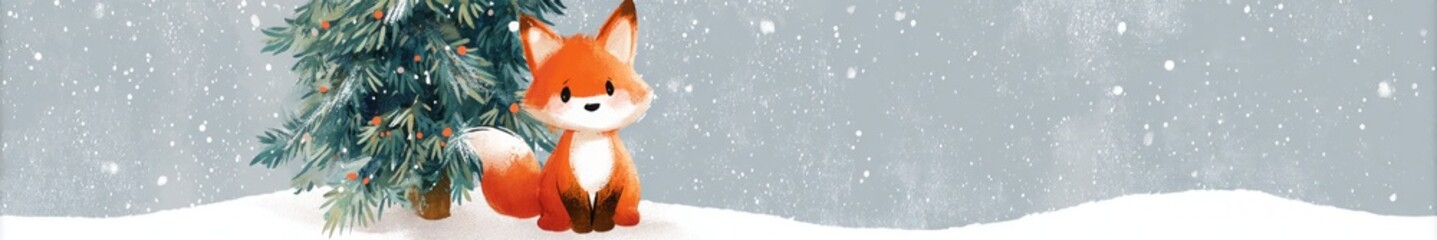 Obraz premium fox against the background of a Christmas tree illustration.