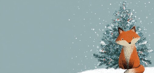 Obraz premium fox against the background of a Christmas tree illustration.