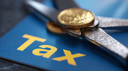 Scissors cutting a coin on a tax document, symbolizing tax cuts or financial struggles
