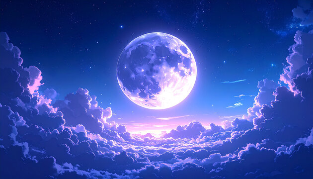 Celestial Dreamscape: A breathtaking panorama unfolds as a giant moon dominates the night sky, framed by billowy clouds, evokes feelings of tranquility and cosmic wonder.