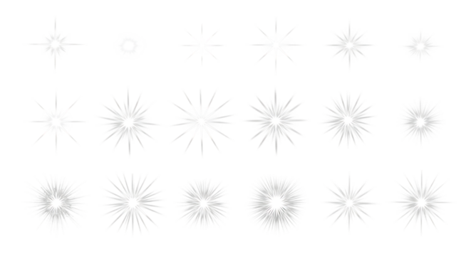Collection of sparkling starburst light effects isolated on transparent background