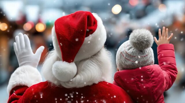 Festive santa claus and child waving in snowy winter wonderland parade