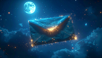 Enigmatic Night Letter: An illuminated envelope floats through a dreamy night sky, under the soft glow of the moon, filled with twinkling lights, evoking a sense of wonder and anticipation.