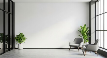 Modern Office Waiting Room with Grey Armchairs, Potted Plants, and Blank White Wall for Mockup.