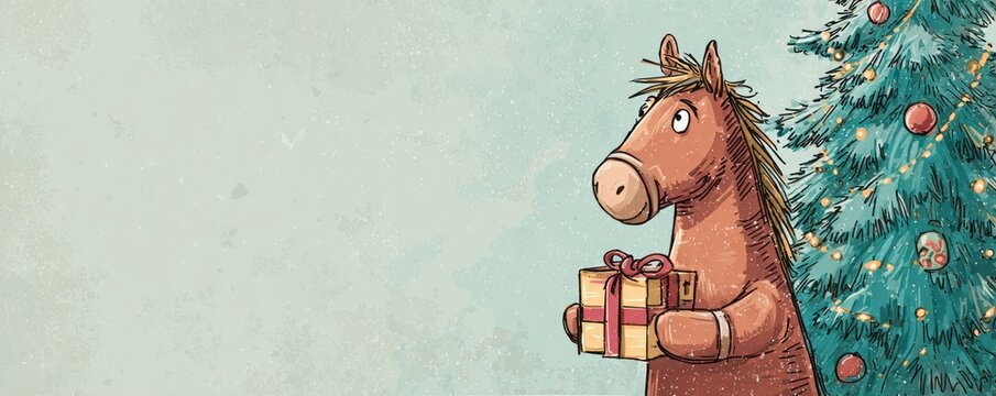 a horse on a blue background near a Christmas tree.