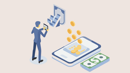 Businessman using a tablet to manage finances with coins and cash flowing from a digital screen to a smartphone