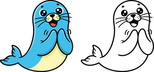 Adorable Cartoon Baby Seal with Happy Expression and Paws Together Vector Illustration for Kids Coloring Book