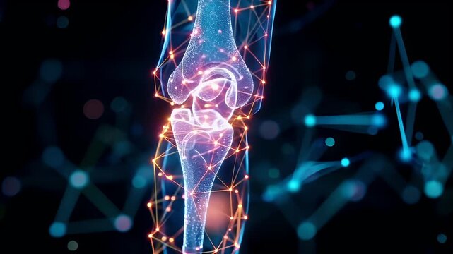 3D rendered digital artwork of a human knee joint, showcasing intricate details of the anatomy. The knee joint is depicted with a complex network of glowing lines and dots.