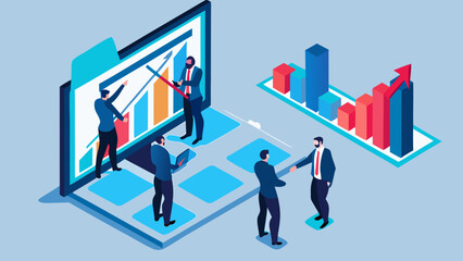 Business team collaborating on a digital presentation with charts and graphs showing growth and success