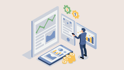 Businessman analyzing financial data on multiple screens and mobile devices with charts and coins symbolizing profit growth