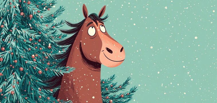 a horse on a blue background near a Christmas tree.