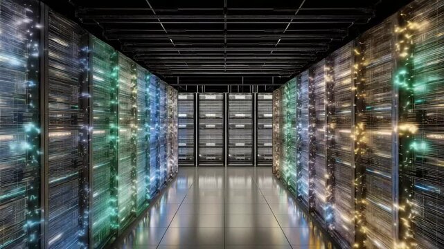 Futuristic data center with racks of quantum processors glowing with neon circuitry, showing high-tech computing infrastructure, next-gen quantum hardware, and AI research environment. cinematic