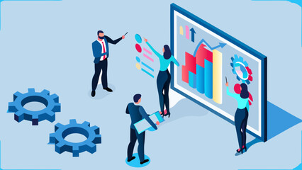 Diverse team of professionals collaborating and analyzing data on a large screen with charts and graphs in a modern office setting