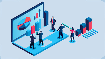 Business team analyzing financial data and charts on a laptop screen with bar graphs and pie charts in an isometric view