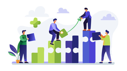 Diverse team collaborating to build a growing business by connecting puzzle pieces on a bar chart representing success