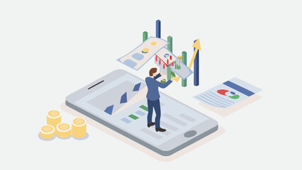 Businessman analyzing financial charts and currency on a smartphone screen with rising stock market graphs and coins