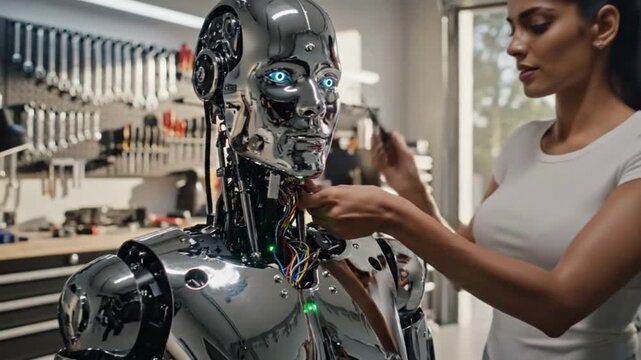 Attractive Indian woman building a robot in her high-tech laboratory